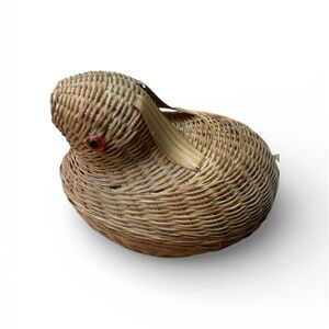 Vintage Rabbit Rattan Wicker Basket Decorative Handmade w Glass Eyes